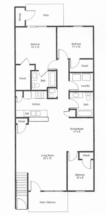 Floor plan for 3 beds, 2 baths, 1377 sqft